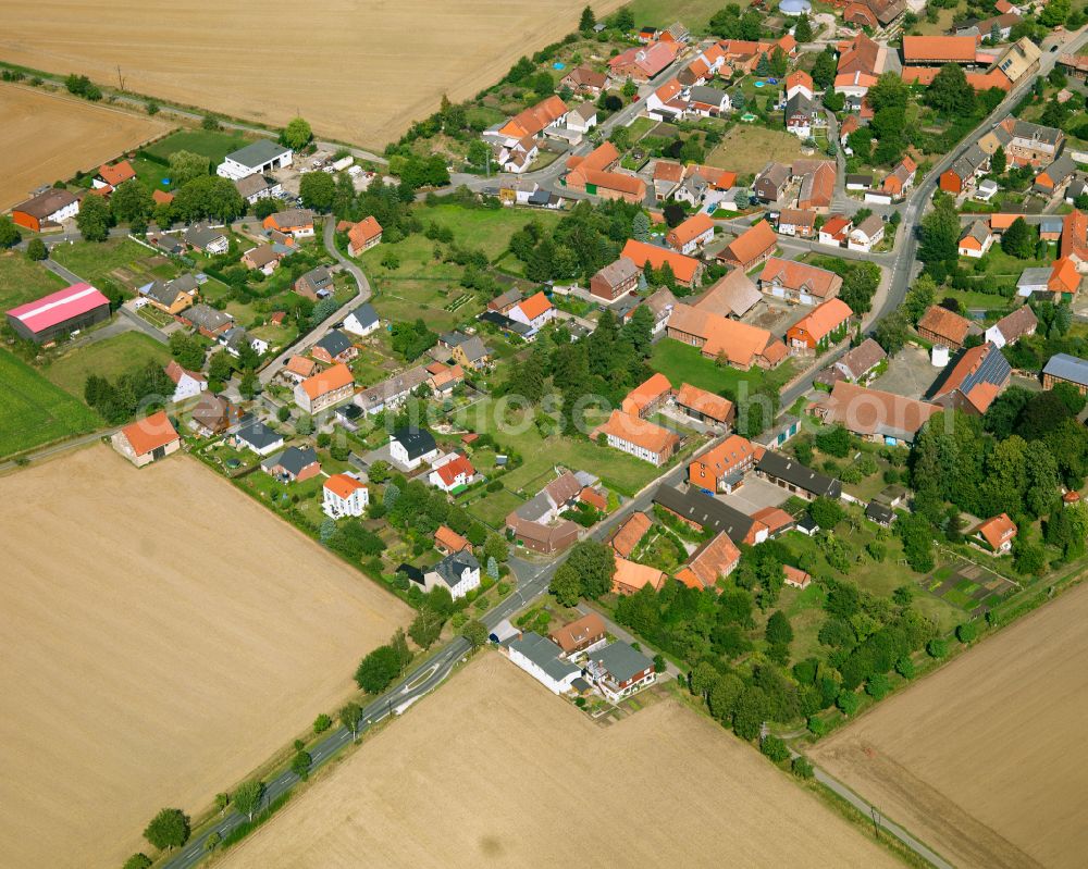 Ohlendorf from the bird's eye view: Agricultural land and field boundaries surround the settlement area of the village in Ohlendorf in the state Lower Saxony, Germany