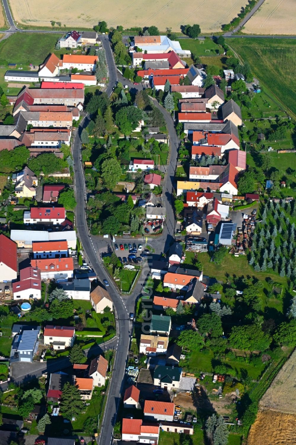 Olganitz from above - Agricultural land and field boundaries surround the settlement area of the village in Olganitz in the state Saxony, Germany