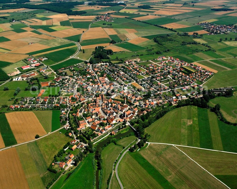 Ornbau from the bird's eye view: Agricultural land and field boundaries surround the settlement area of the village in Ornbau in the state Bavaria, Germany