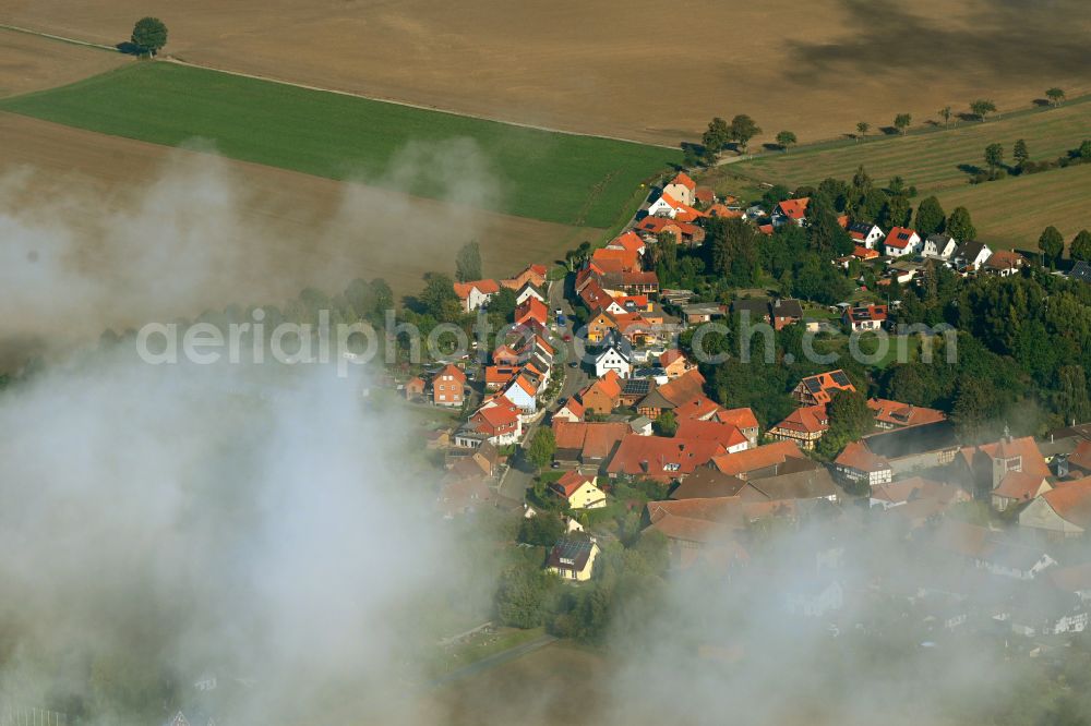 Orxhausen from the bird's eye view: Agricultural land and field boundaries surround the settlement area of the village in Orxhausen in the state Lower Saxony, Germany