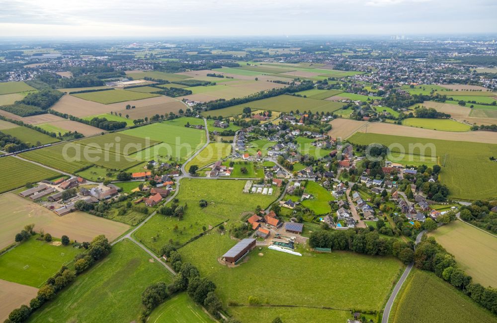 Osttünnen from above - Agricultural land and field boundaries surround the settlement area of the village in Osttünnen in the state North Rhine-Westphalia, Germany