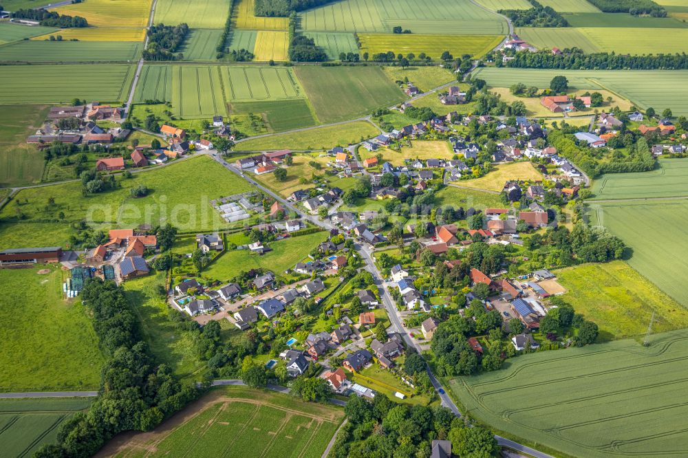 Osttünnen from the bird's eye view: Agricultural land and field boundaries surround the settlement area of the village in Osttünnen in the state North Rhine-Westphalia, Germany