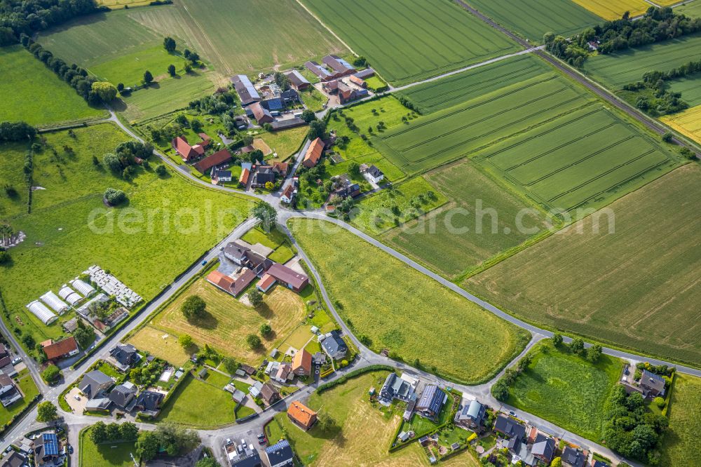 Aerial photograph Osttünnen - Agricultural land and field boundaries surround the settlement area of the village in Osttünnen in the state North Rhine-Westphalia, Germany