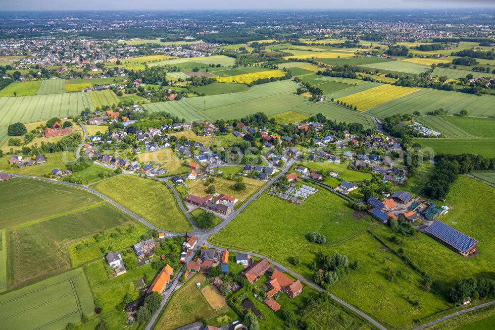 Aerial photograph Osttünnen - Agricultural land and field boundaries surround the settlement area of the village in Osttünnen in the state North Rhine-Westphalia, Germany