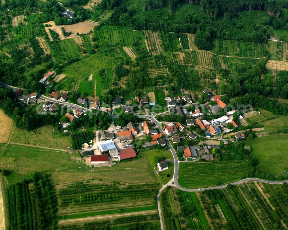 Aerial image Ottersweier - Agricultural land and field boundaries surround the settlement area of the village in Ottersweier in the state Baden-Wuerttemberg, Germany