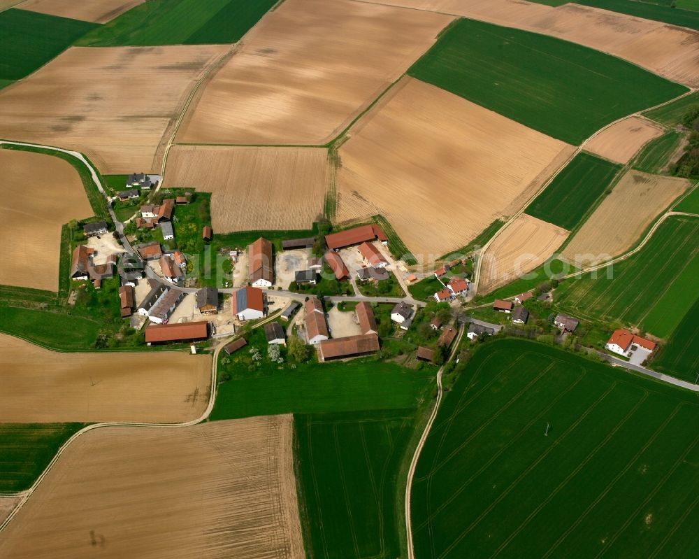 Padering from the bird's eye view: Agricultural land and field boundaries surround the settlement area of the village in Padering in the state Bavaria, Germany