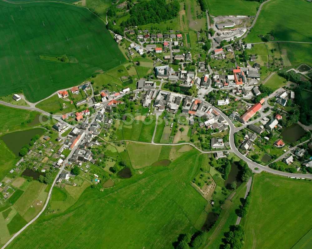 Aerial image Pahren - Agricultural land and field boundaries surround the settlement area of the village in Pahren in the state Thuringia, Germany