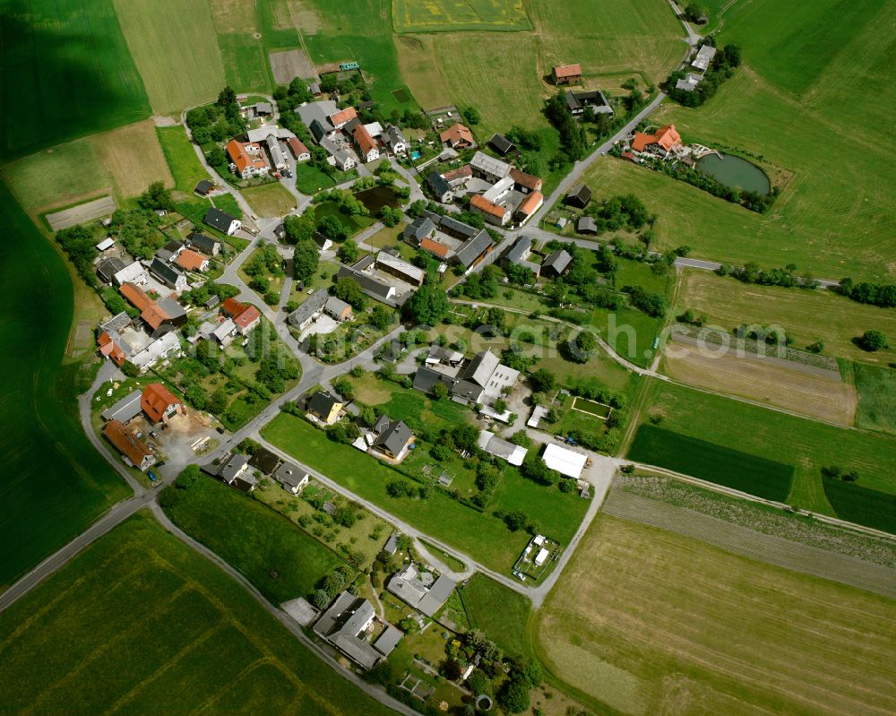 Pansdorf from the bird's eye view: Agricultural land and field boundaries surround the settlement area of the village in Pansdorf in the state Thuringia, Germany