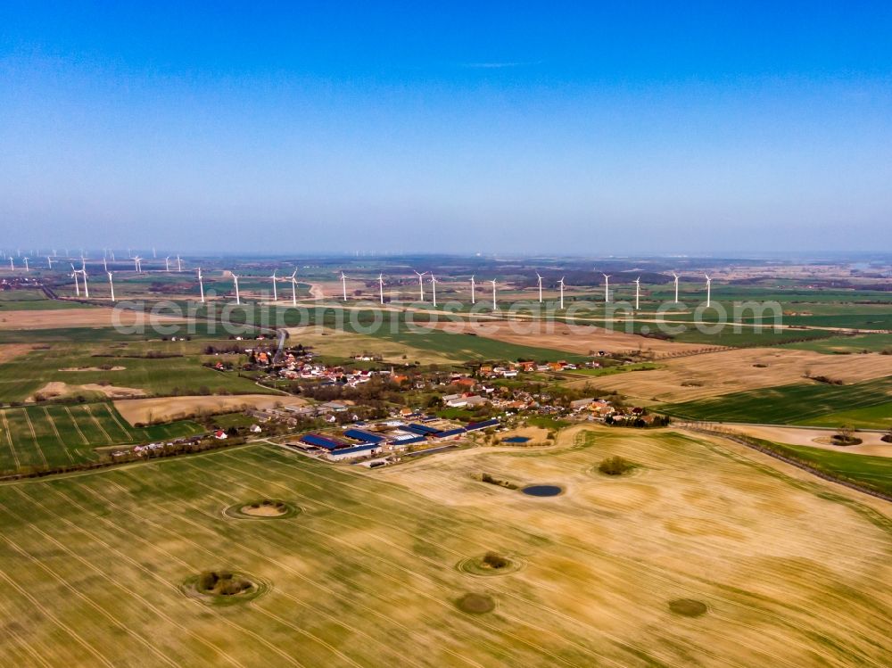 Aerial photograph Parsteinsee - Agricultural land and field boundaries surround the settlement area of the village von Parstein in Parsteinsee in the state Brandenburg, Germany