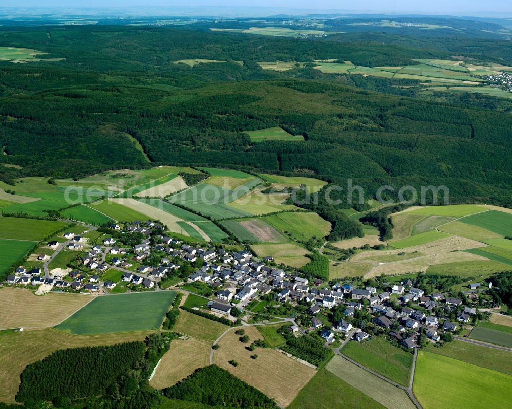 Aerial image Perscheid - Agricultural land and field boundaries surround the settlement area of the village in Perscheid in the state Rhineland-Palatinate, Germany