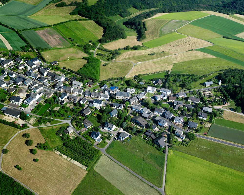 Aerial photograph Perscheid - Agricultural land and field boundaries surround the settlement area of the village in Perscheid in the state Rhineland-Palatinate, Germany