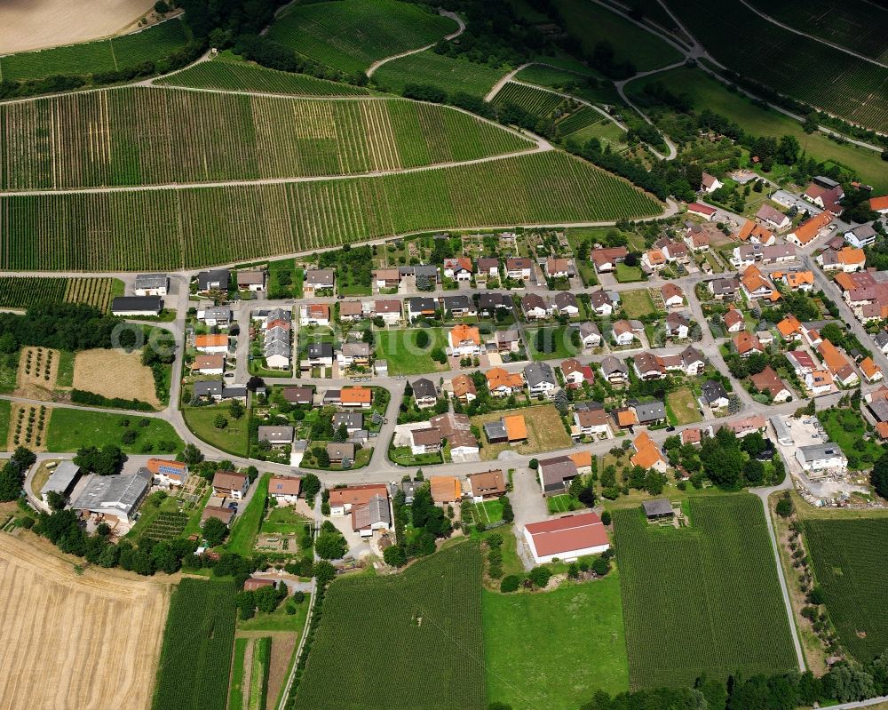 Pfaffenhofen from the bird's eye view: Agricultural land and field boundaries surround the settlement area of the village in Pfaffenhofen in the state Baden-Wuerttemberg, Germany