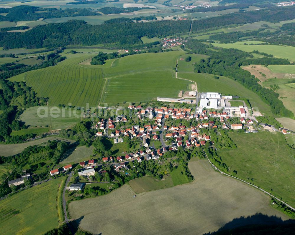 Aerial image Pfaffschwende - Agricultural land and field boundaries surround the settlement area of the village in Pfaffschwende in the state Thuringia, Germany