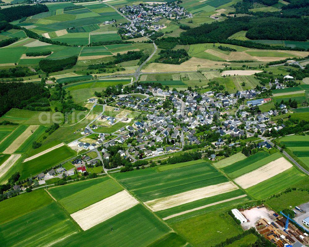 Pfalzfeld from above - Agricultural land and field boundaries surround the settlement area of the village in Pfalzfeld in the state Rhineland-Palatinate, Germany