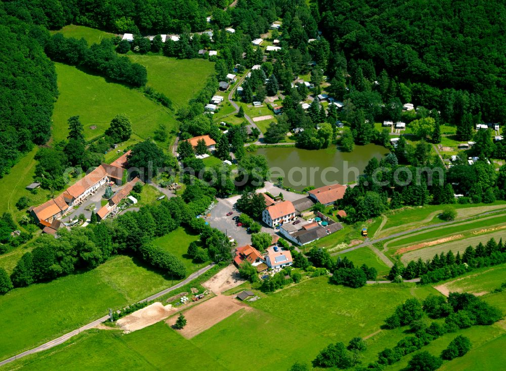 Aerial image Pfrimmerhof - Agricultural land and field boundaries surround the settlement area of the village in Pfrimmerhof in the state Rhineland-Palatinate, Germany