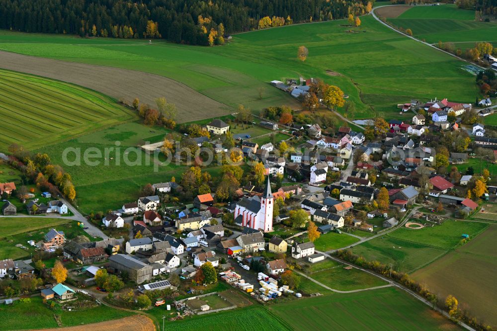 Pilgramsreuth from the bird's eye view: Agricultural land and field boundaries surround the settlement area of the village in Pilgramsreuth in the state Bavaria, Germany