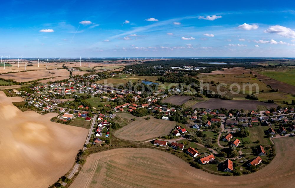 Aerial image Pinnow - Agricultural land and field boundaries surround the settlement area of the village in Pinnow in the state Brandenburg, Germany