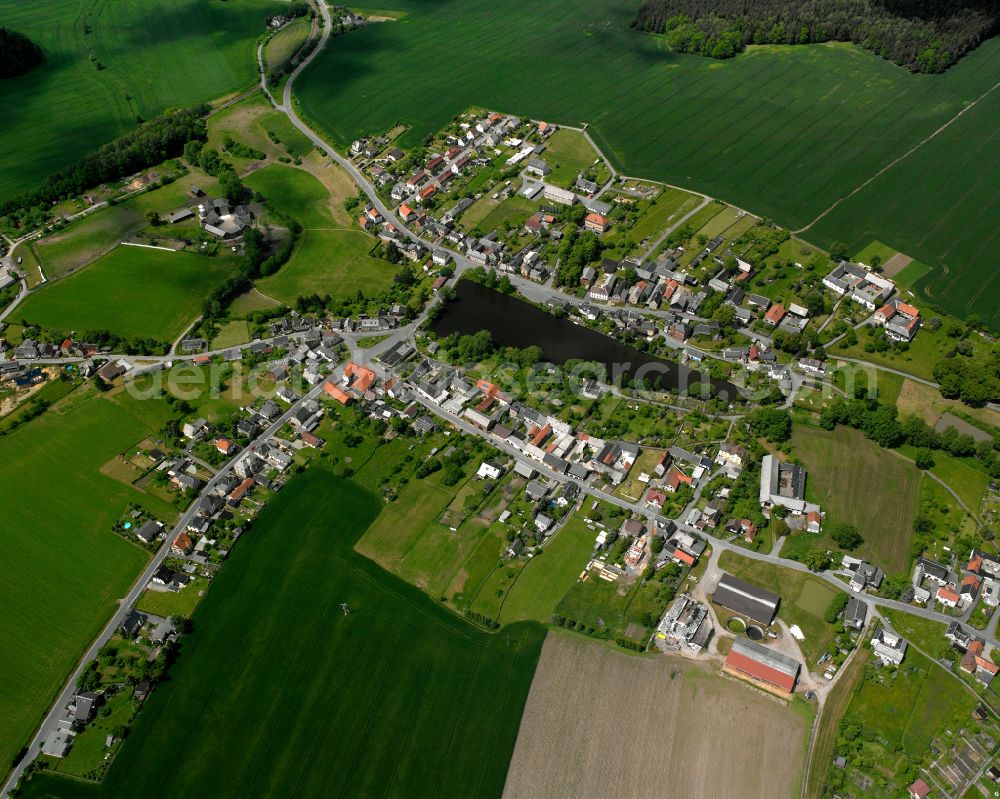 Pöllwitz from the bird's eye view: Agricultural land and field boundaries surround the settlement area of the village in Pöllwitz in the state Thuringia, Germany