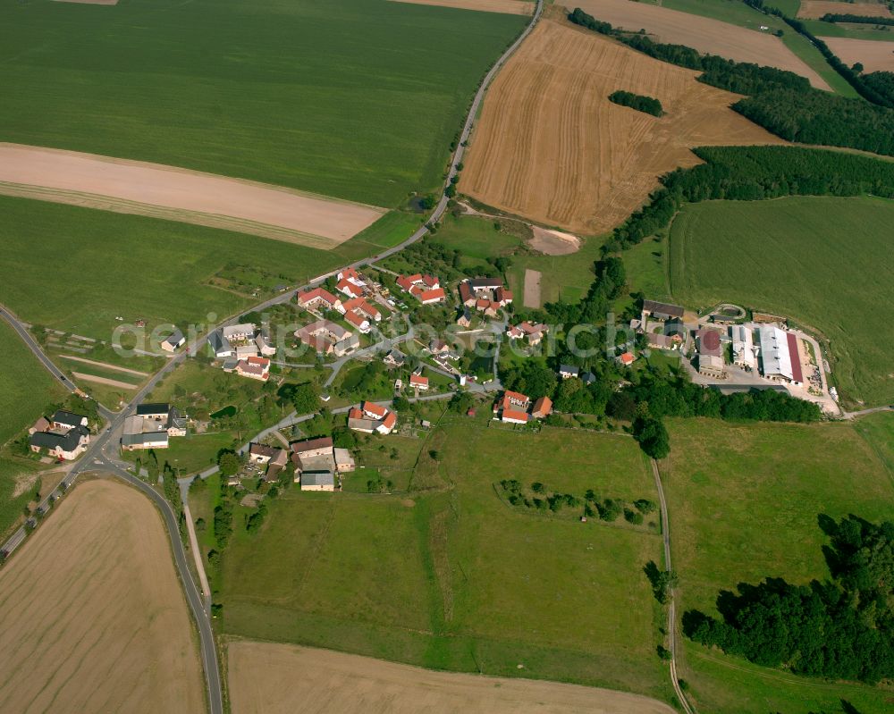 Aerial photograph Pohlen - Agricultural land and field boundaries surround the settlement area of the village in Pohlen in the state Thuringia, Germany