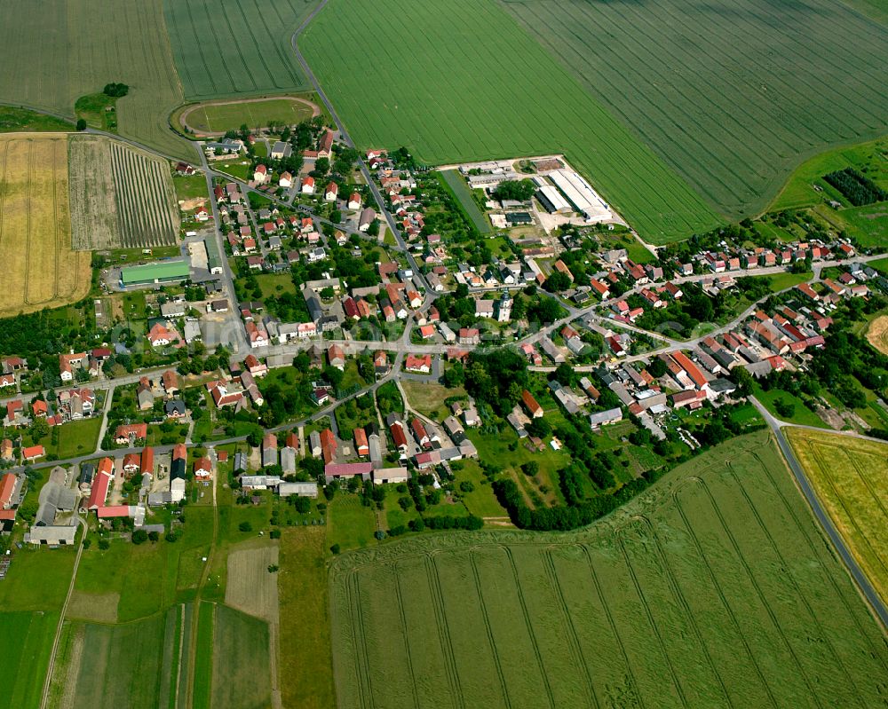 Aerial image Ponickau - Agricultural land and field boundaries surround the settlement area of the village in Ponickau in the state Saxony, Germany