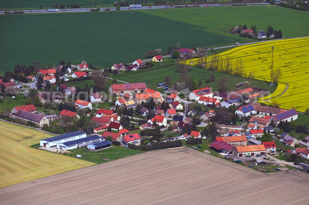 Prachenau from above - Agricultural land and field boundaries surround the settlement area of the village along Prachenau Strasse in Prachenau in the state Saxony, Germany