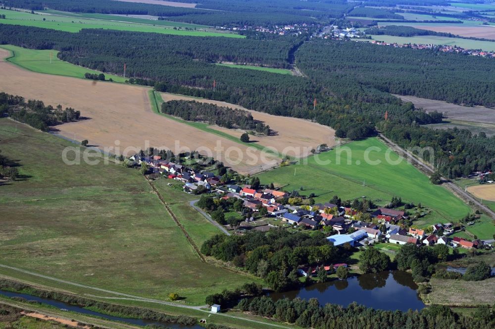 Aerial image Premsendorf - Agricultural land and field boundaries surround the settlement area of the village in Premsendorf in the state Saxony-Anhalt, Germany