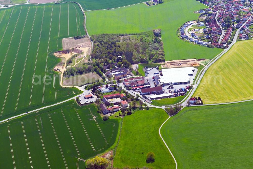 Aerial image Preuschwitz - Agricultural land and field boundaries surround the settlement area of the village in Preuschwitz in the state Saxony, Germany