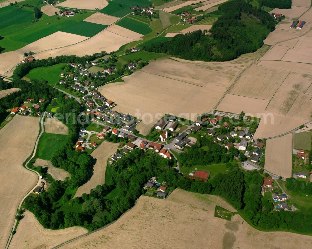 Prienbach from the bird's eye view: Agricultural land and field boundaries surround the settlement area of the village in Prienbach in the state Bavaria, Germany