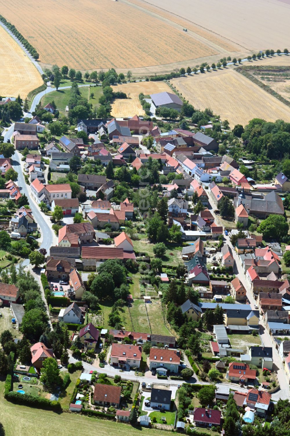 Aerial image Prießnitz - Agricultural land and field boundaries surround the settlement area of the village in Priessnitz in the state Saxony-Anhalt, Germany