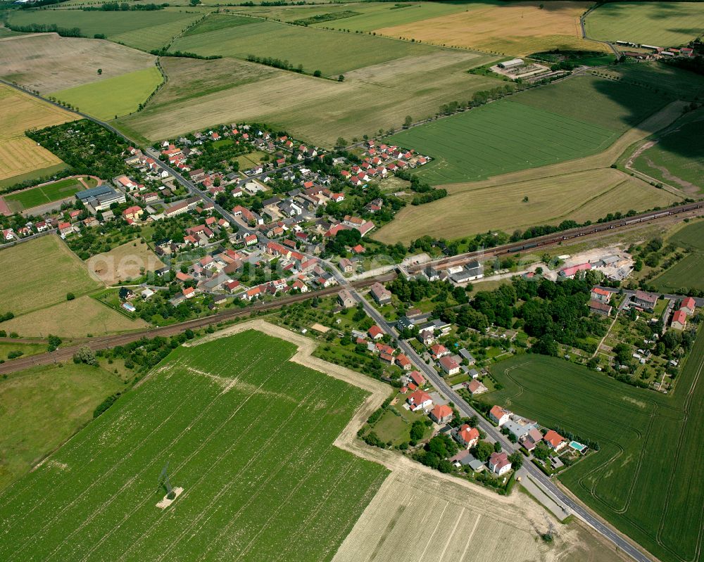 Aerial photograph Priestewitz - Agricultural land and field boundaries surround the settlement area of the village in Priestewitz in the state Saxony, Germany