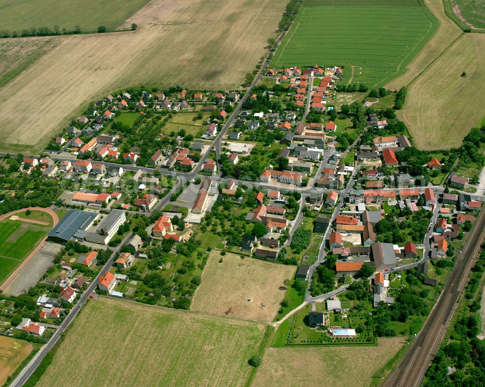 Priestewitz from above - Agricultural land and field boundaries surround the settlement area of the village in Priestewitz in the state Saxony, Germany