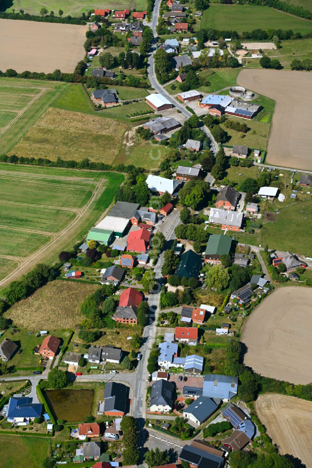 Aerial photograph Pronstorf - Agricultural land and field boundaries surround the settlement area of the village in Pronstorf in the state Schleswig-Holstein, Germany