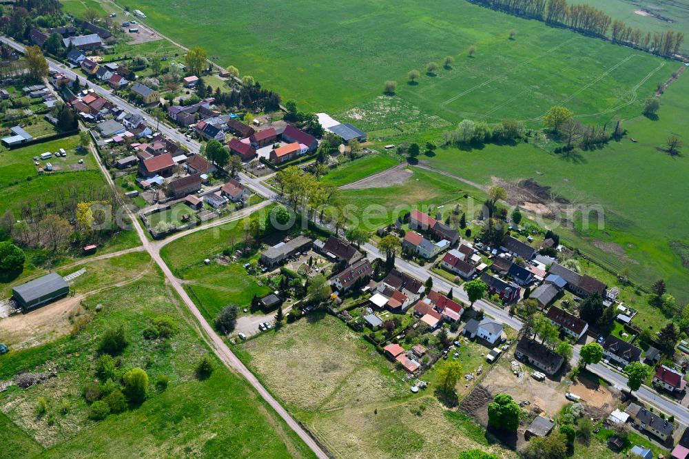 Protzen from above - Agricultural land and field boundaries surround the settlement area of the village in Protzen in the state Brandenburg, Germany