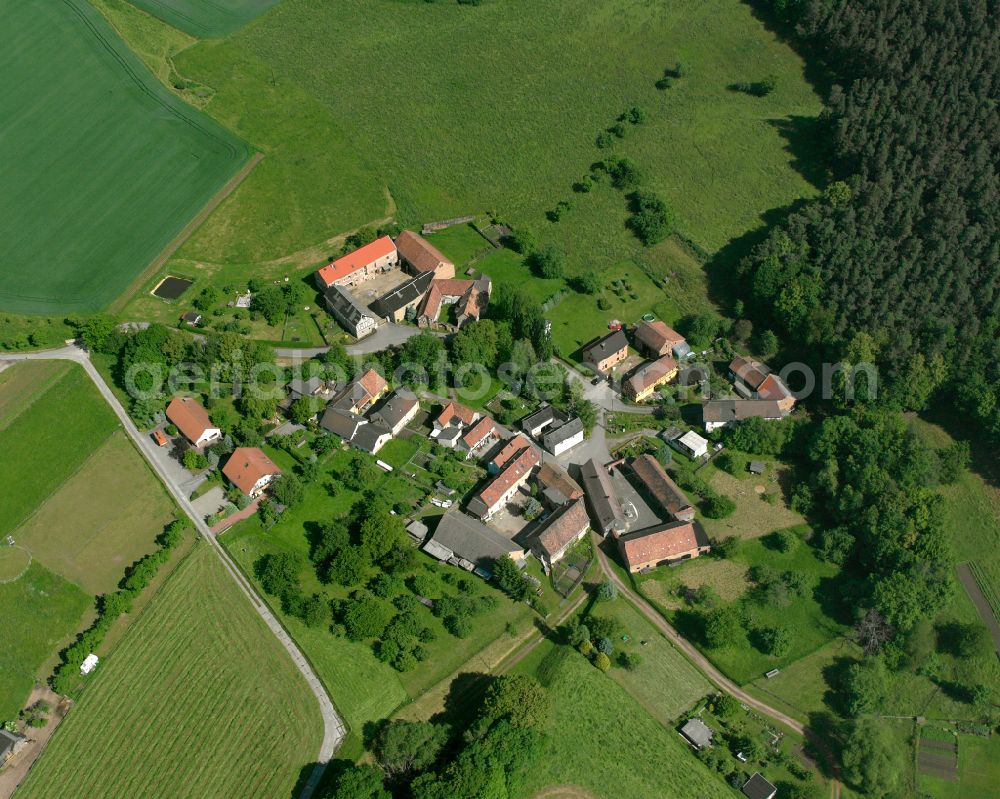 Pösneck from the bird's eye view: Agricultural land and field boundaries surround the settlement area of the village in Pösneck in the state Thuringia, Germany