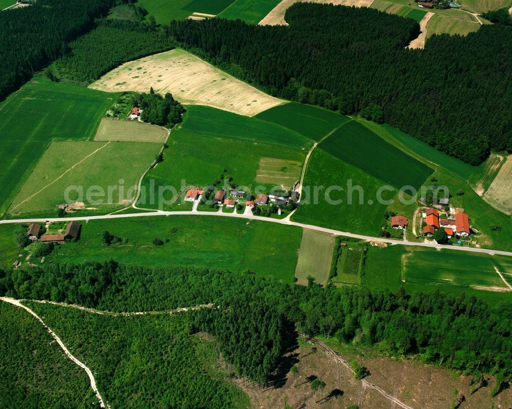 Pötzing from above - Agricultural land and field boundaries surround the settlement area of the village in Pötzing in the state Bavaria, Germany