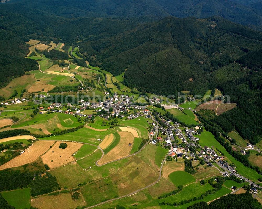 Puderbach from the bird's eye view: Agricultural land and field boundaries surround the settlement area of the village in Puderbach in the state North Rhine-Westphalia, Germany