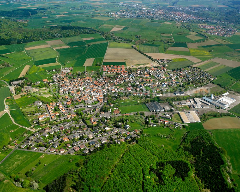 Aerial image Queckborn - Agricultural land and field boundaries surround the settlement area of the village in Queckborn in the state Hesse, Germany