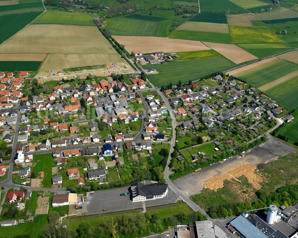 Aerial image Queckborn - Agricultural land and field boundaries surround the settlement area of the village in Queckborn in the state Hesse, Germany