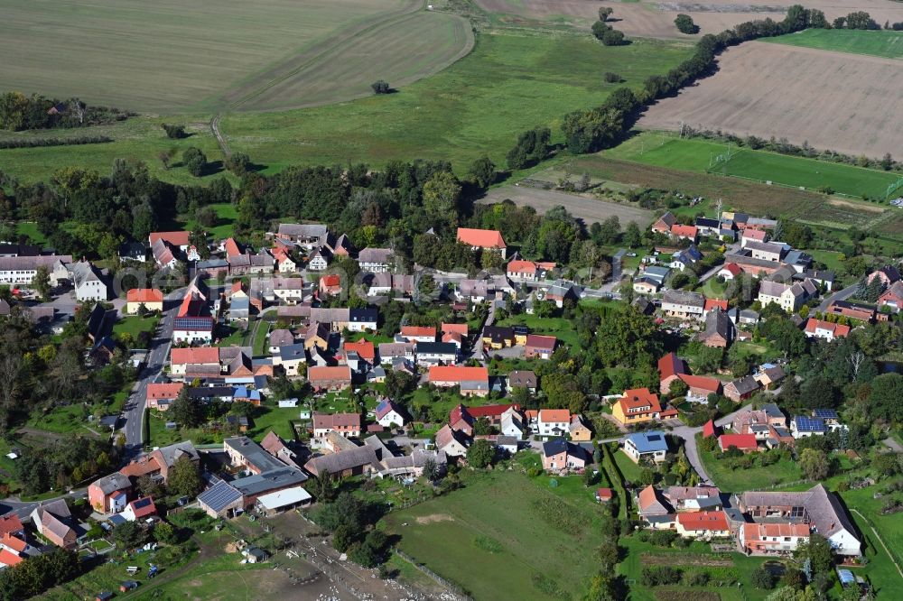 Aerial photograph Rackith - Agricultural land and field boundaries surround the settlement area of the village in Rackith in the state Saxony-Anhalt, Germany