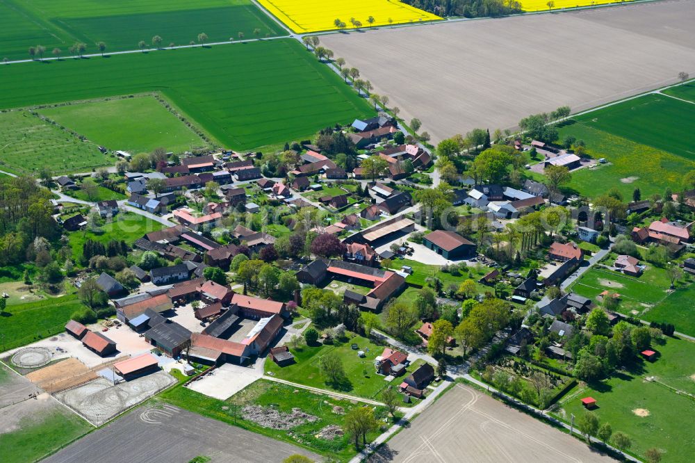 Rade from the bird's eye view: Agricultural land and field boundaries surround the settlement area of the village in Rade in the state Lower Saxony, Germany