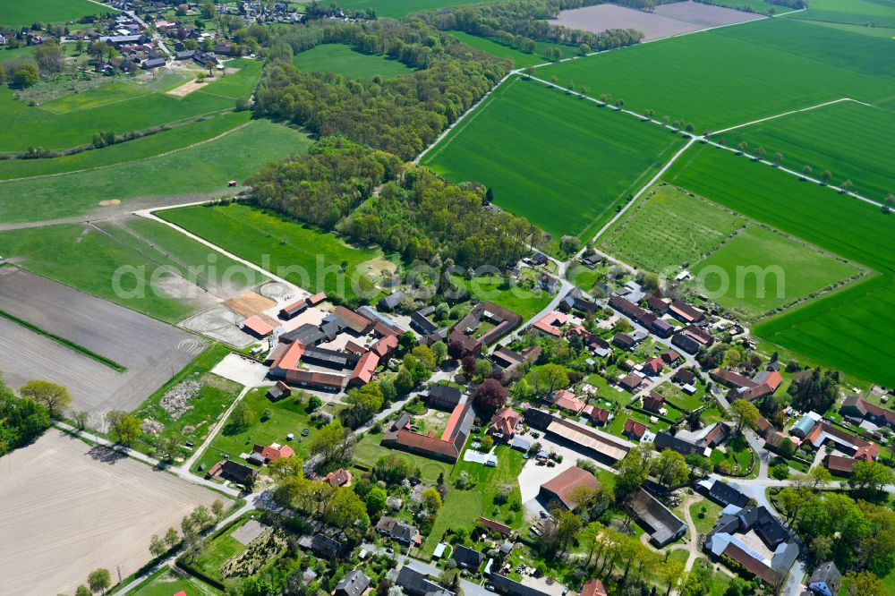 Rade from above - Agricultural land and field boundaries surround the settlement area of the village in Rade in the state Lower Saxony, Germany