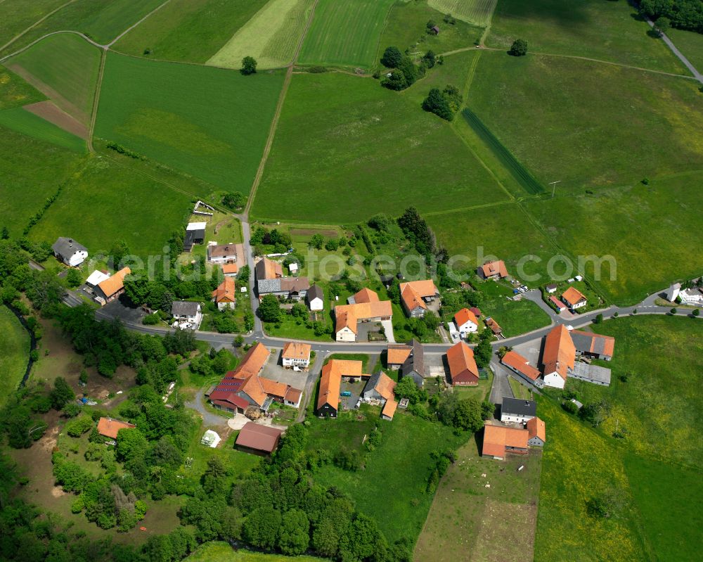 Radmühl from the bird's eye view: Agricultural land and field boundaries surround the settlement area of the village in Radmühl in the state Hesse, Germany