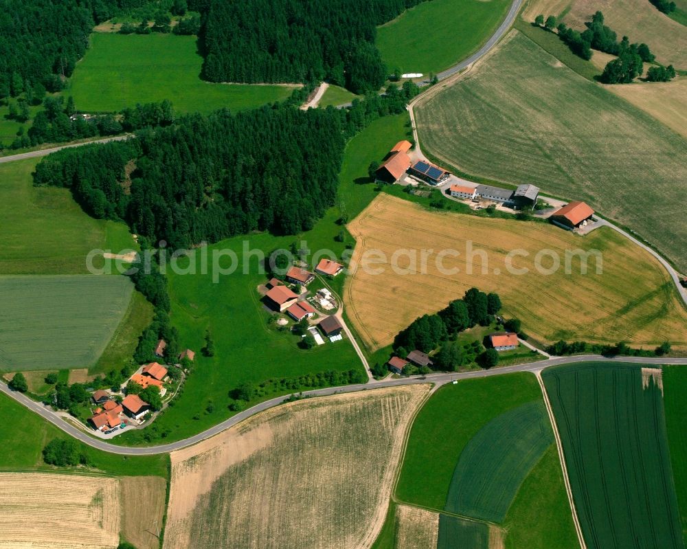 Radmoos from the bird's eye view: Agricultural land and field boundaries surround the settlement area of the village in Radmoos in the state Bavaria, Germany