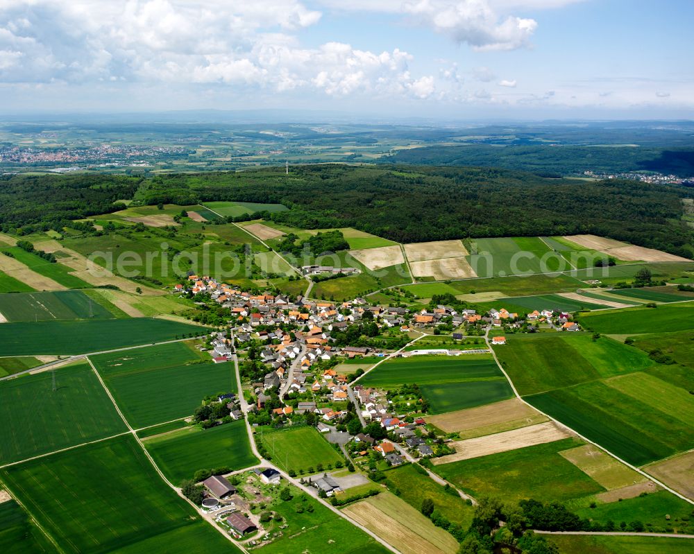 Aerial image Rainrod - Agricultural land and field boundaries surround the settlement area of the village in Rainrod in the state Hesse, Germany