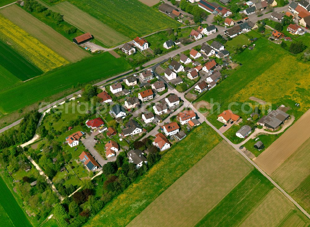 Rammingen from above - Agricultural land and field boundaries surround the settlement area of the village in Rammingen in the state Baden-Wuerttemberg, Germany