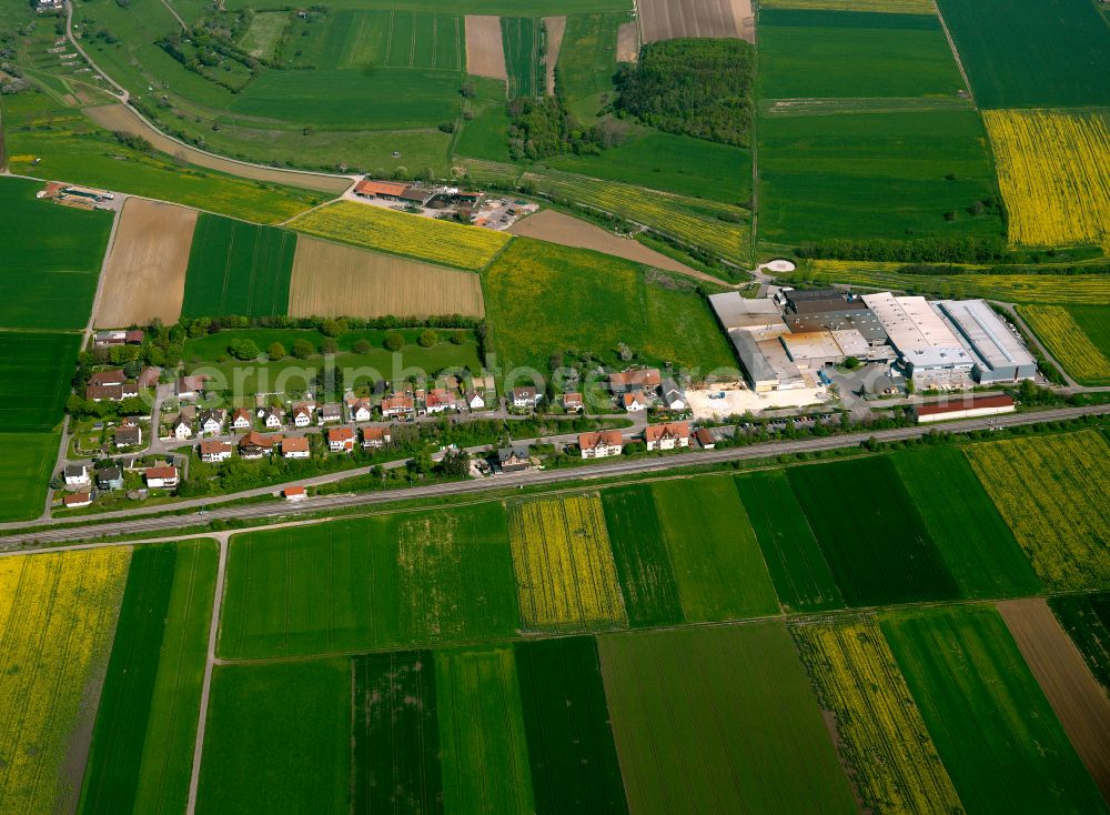 Rammingen from above - Agricultural land and field boundaries surround the settlement area of the village in Rammingen in the state Baden-Wuerttemberg, Germany