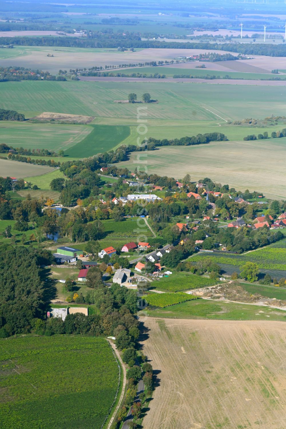 Aerial image Rattey - Agricultural land and field boundaries surround the settlement area of the village in Rattey in the state Mecklenburg - Western Pomerania, Germany