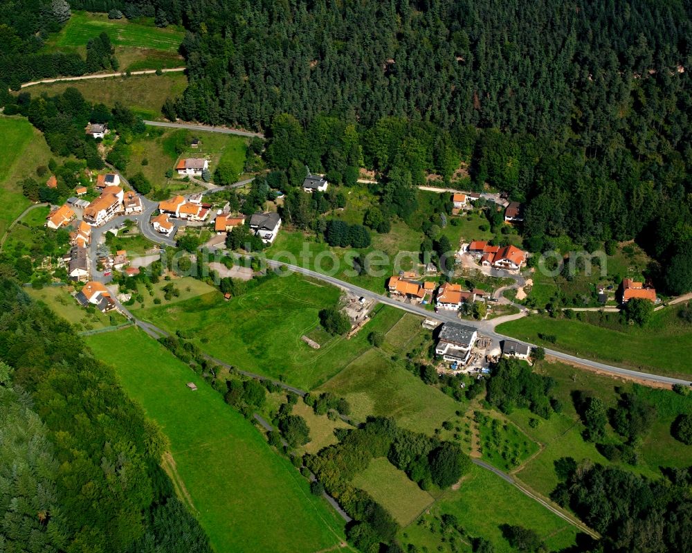 Aerial image Raubach - Agricultural land and field boundaries surround the settlement area of the village in Raubach in the state Hesse, Germany