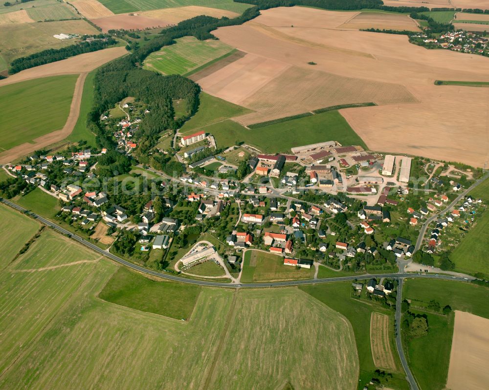 Rückersdorf from the bird's eye view: Agricultural land and field boundaries surround the settlement area of the village in Rückersdorf in the state Thuringia, Germany