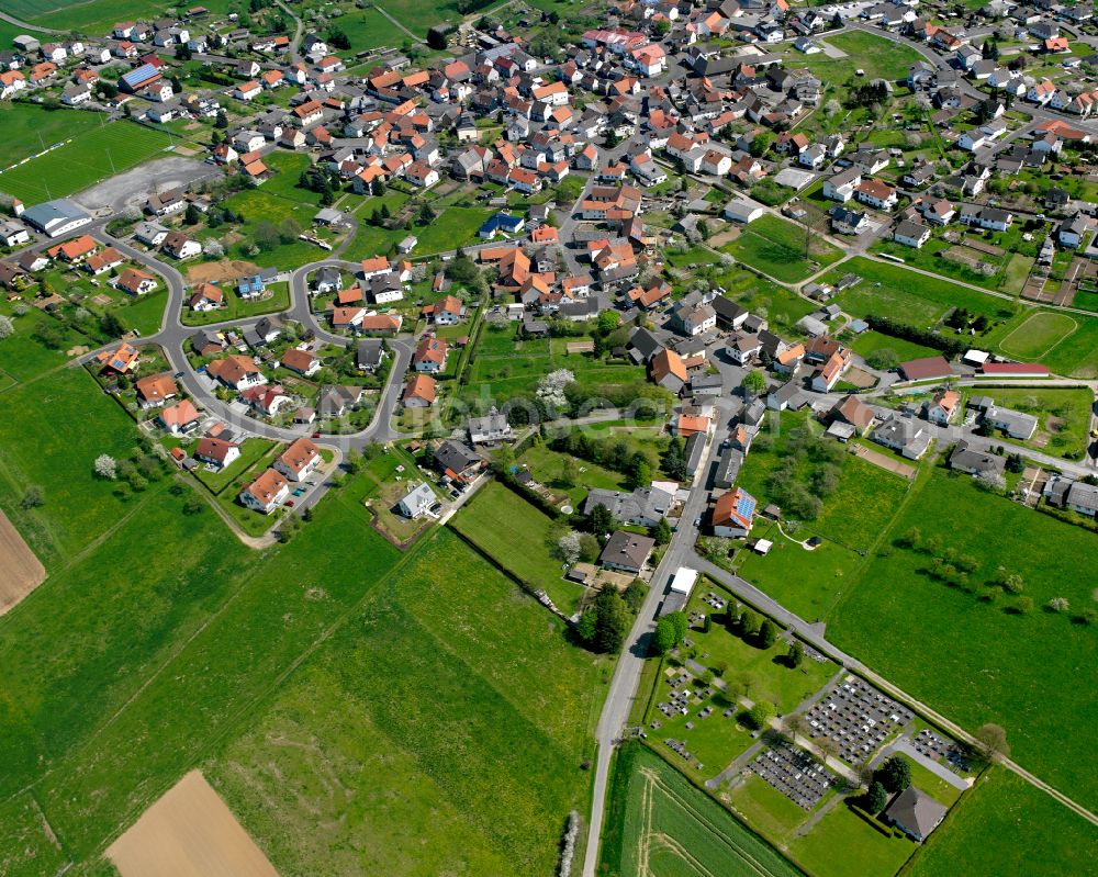 Rüddingshausen from above - Agricultural land and field boundaries surround the settlement area of the village in Rüddingshausen in the state Hesse, Germany